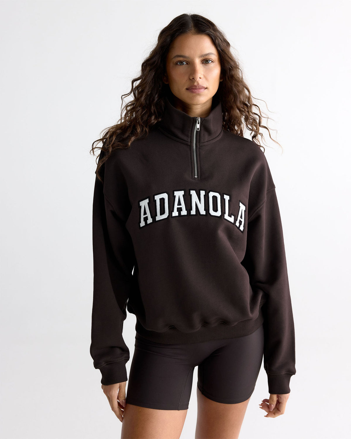 Varsity Relaxed Funnel Neck Zip Sweatshirt - Coffee Bean/Marshmallow White