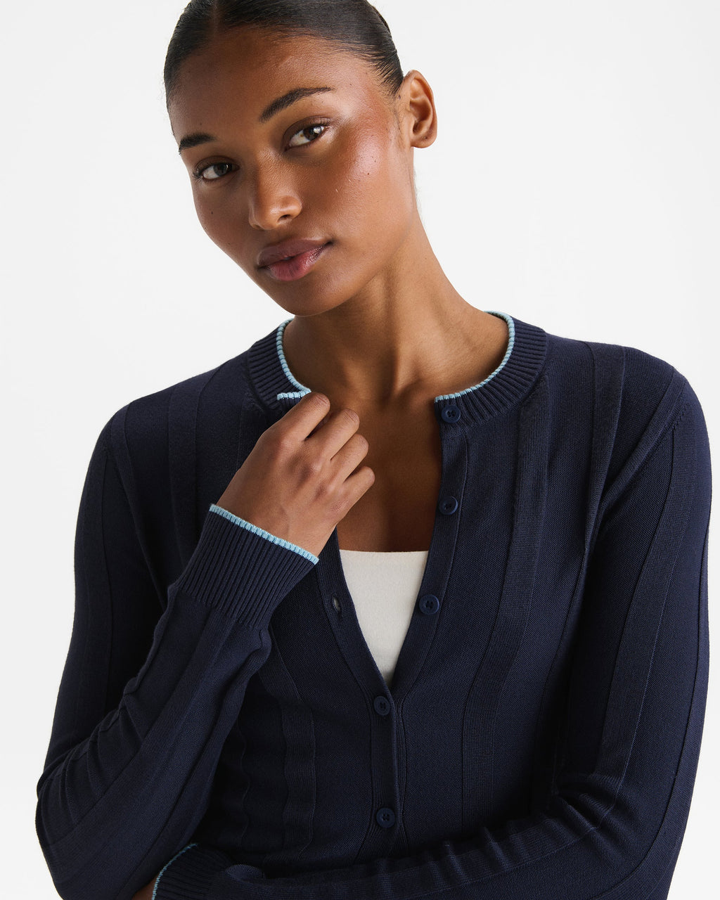 Knit Rib Contrast Cardigan - Navy Blue