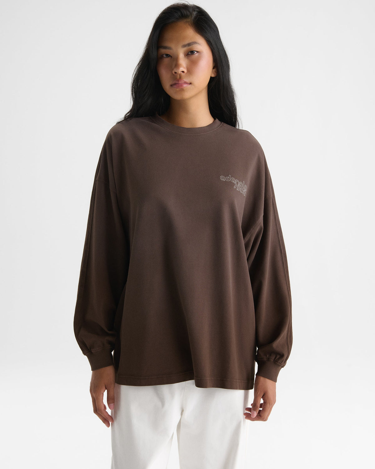 Adanola Sport Washed Long Sleeve Top - Chocolate Brown/Marshmallow White