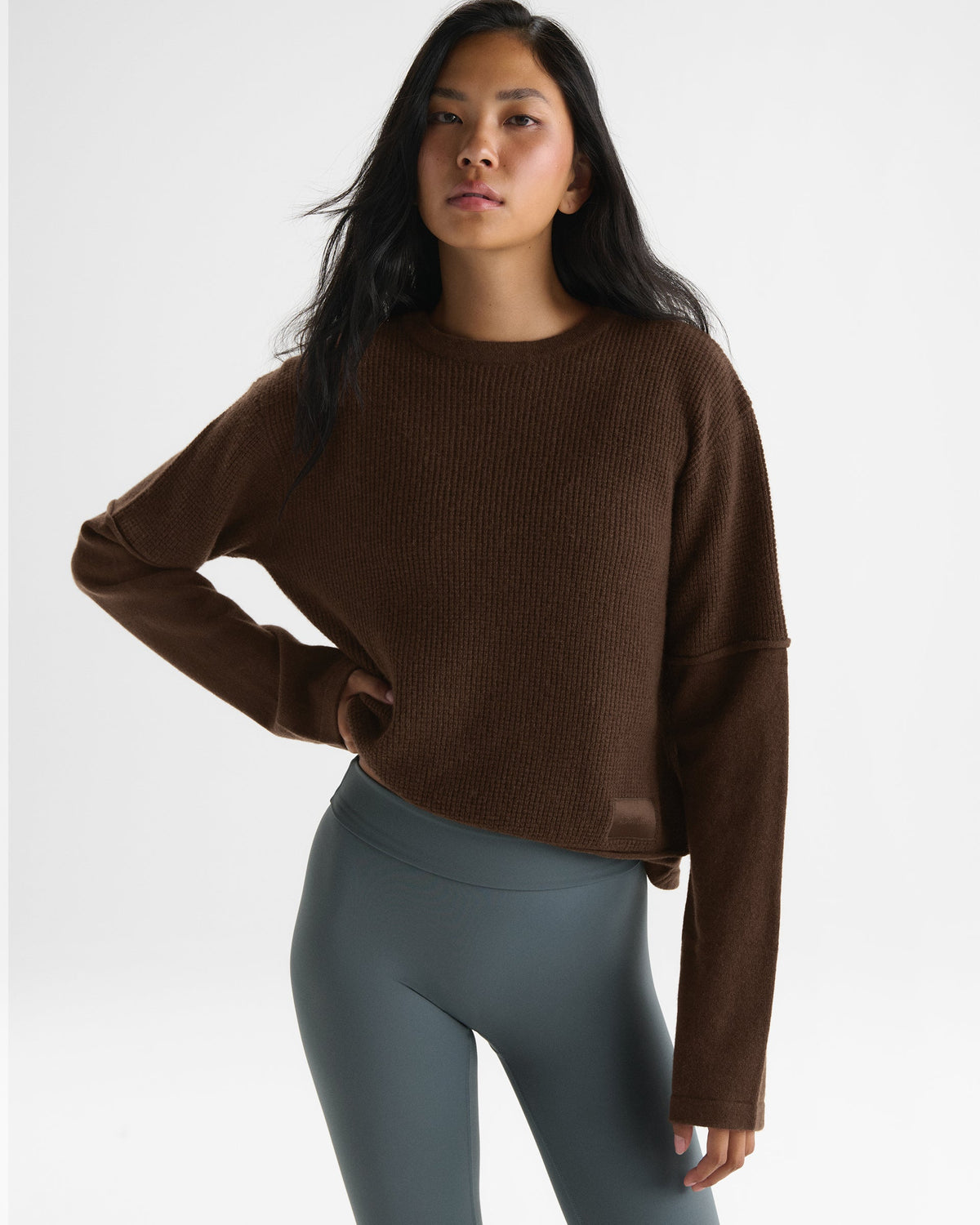 Double Layered Cashmere Blend Knit Long Sleeve Top - Chocolate Brown