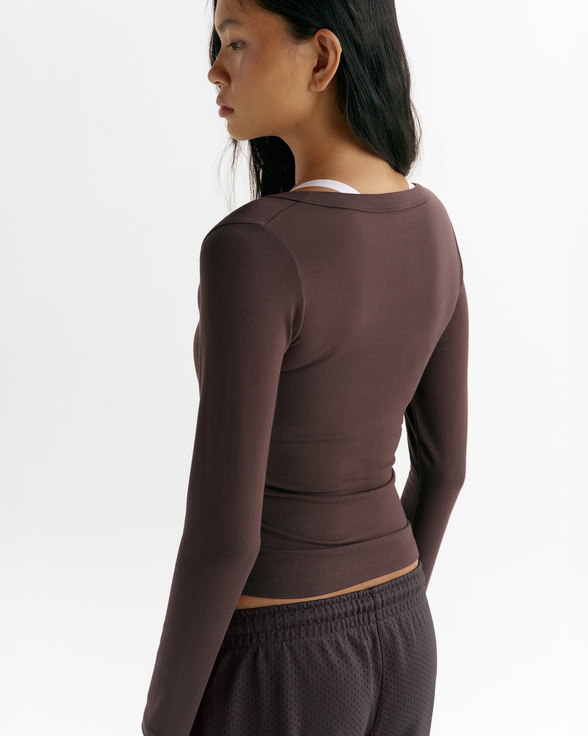 Modal Soft Henley Long Sleeve Top - Coffee Bean