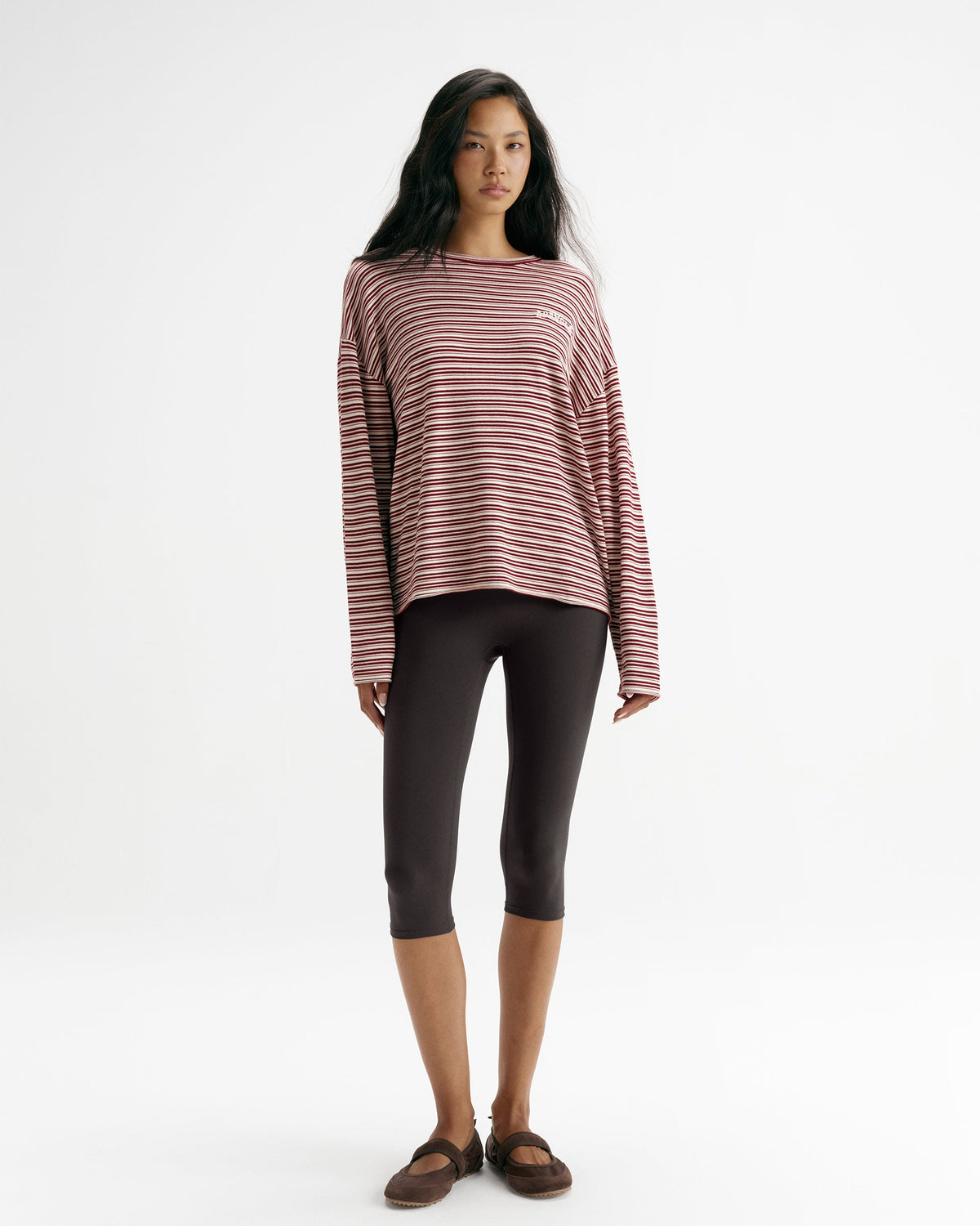 Knit Roll Hem Stripe Sweatshirt - Damson Red