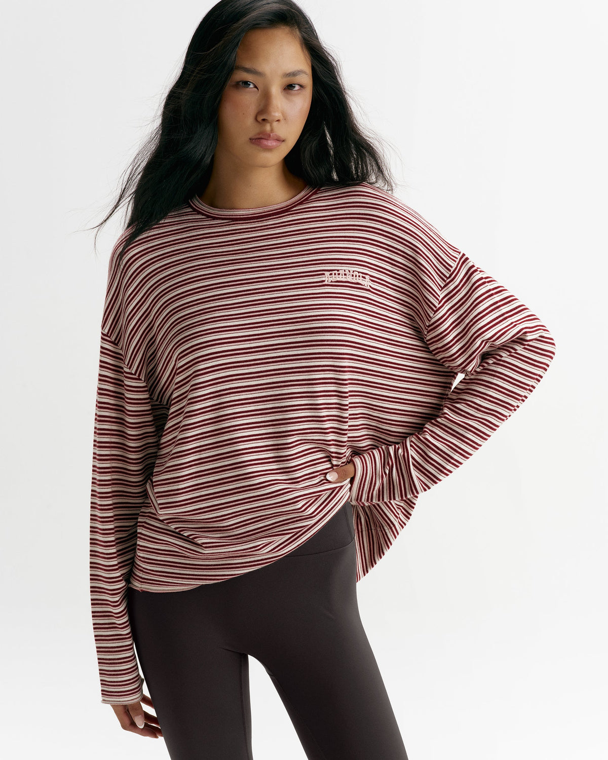 Knit Roll Hem Stripe Sweatshirt - Damson Red