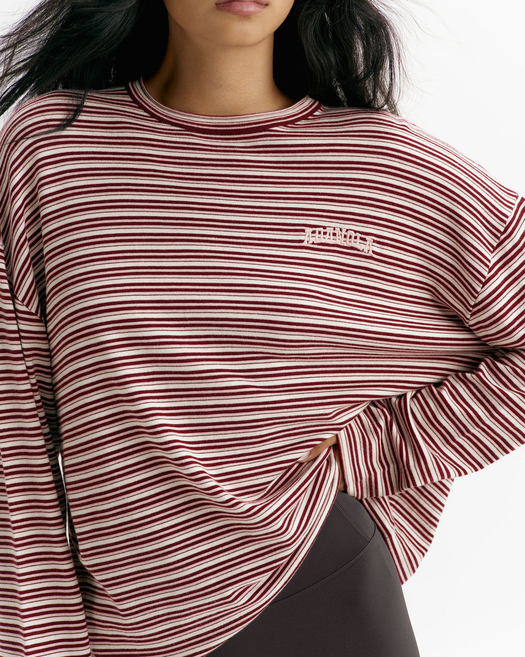 Knit Roll Hem Stripe Sweatshirt - Damson Red