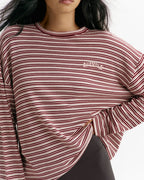 Knit Roll Hem Stripe Sweatshirt - Damson Red
