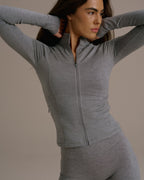 Brushed Long Sleeve Zip Up Top - Dark Grey Melange