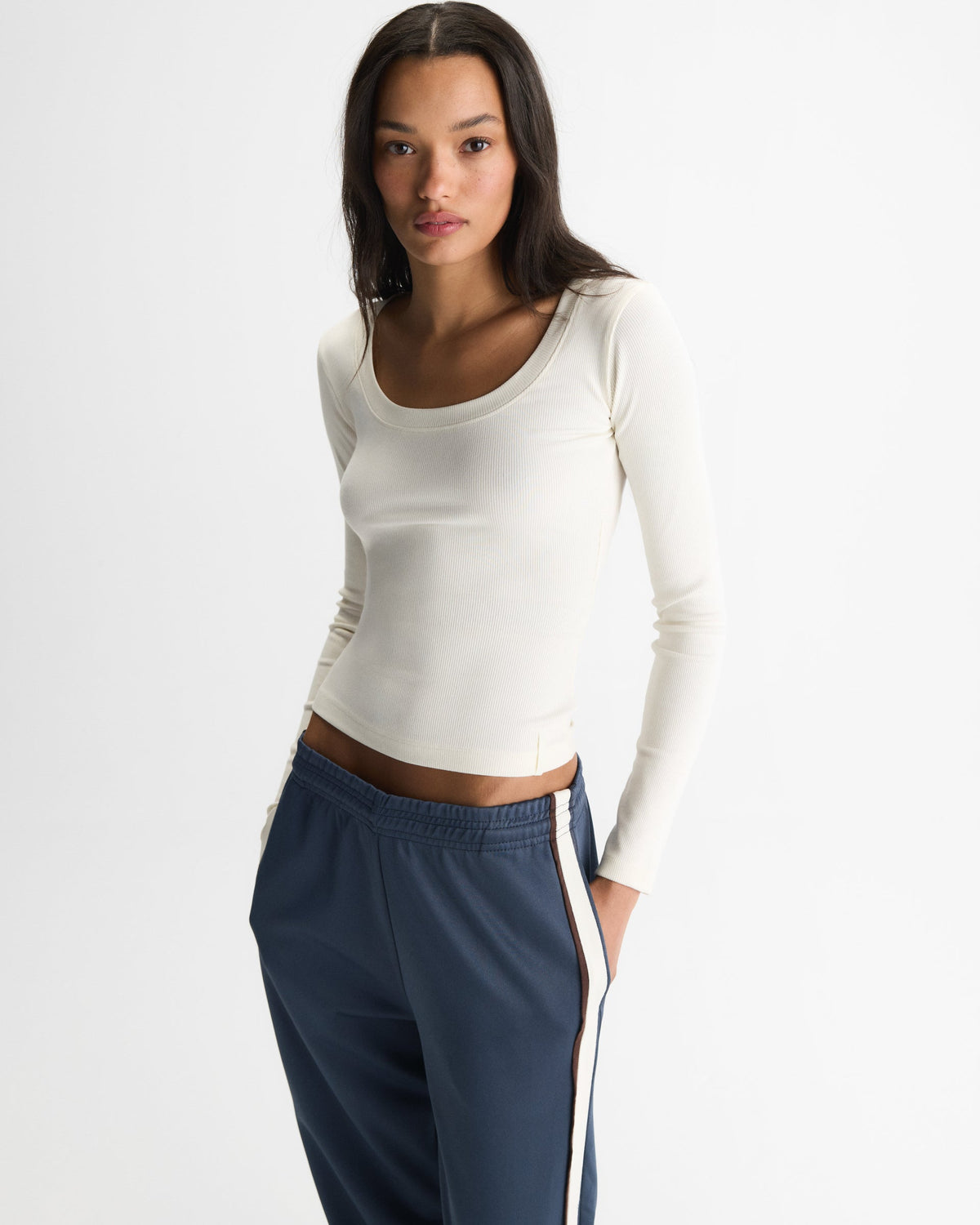 Modal Soft Rib Scoop Neck Long Sleeve Top - Marshmallow White